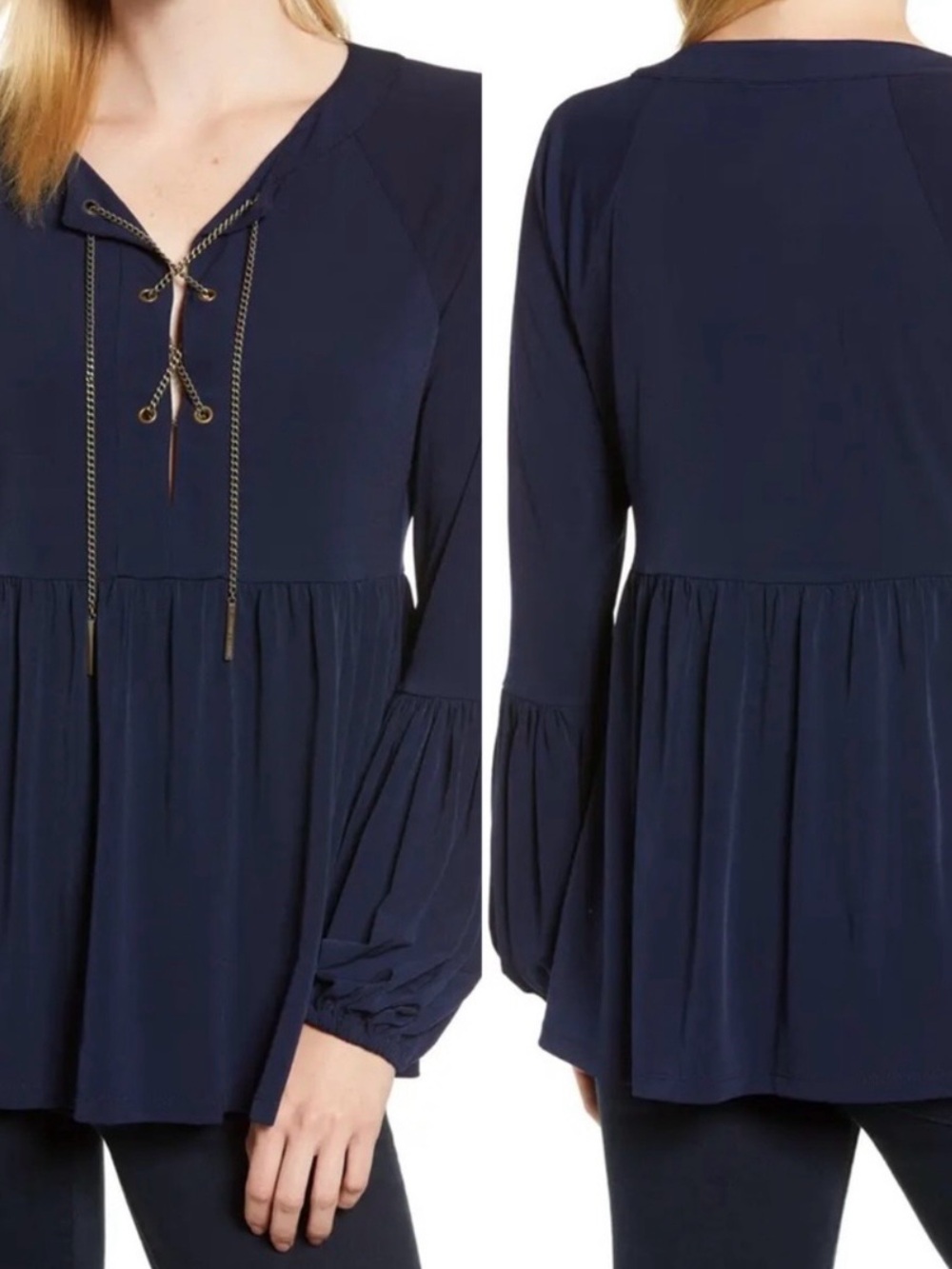 MICHAEL Michael Kors Navy Blue Chain Lace-Up Blouse/Tunic Top Size M - Picture 4 of 4